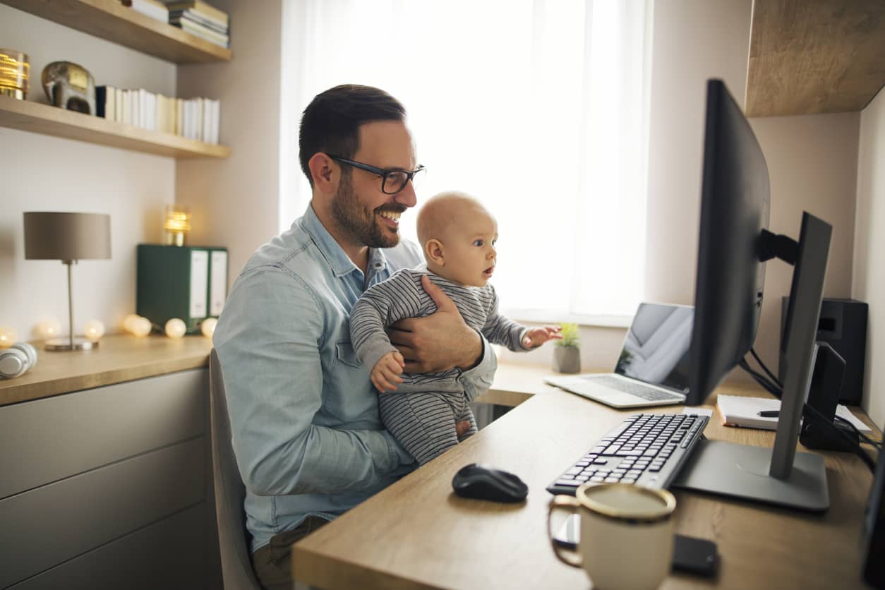 We at home now. Remote worker. Working remotely. Home working. Father goes to work from Home.