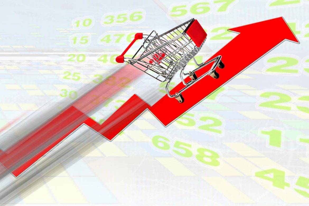 A graphic of an upwards arrow and a shopping cart