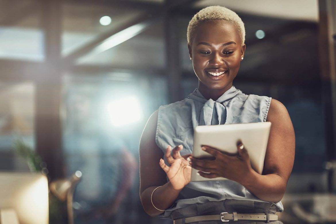 woman in office for technology, corporate and communication.